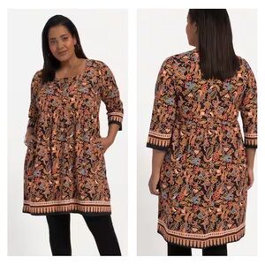 Ulla Popken 20/22 Dress Tunic Navy Gold Floral Empire A Line Knit